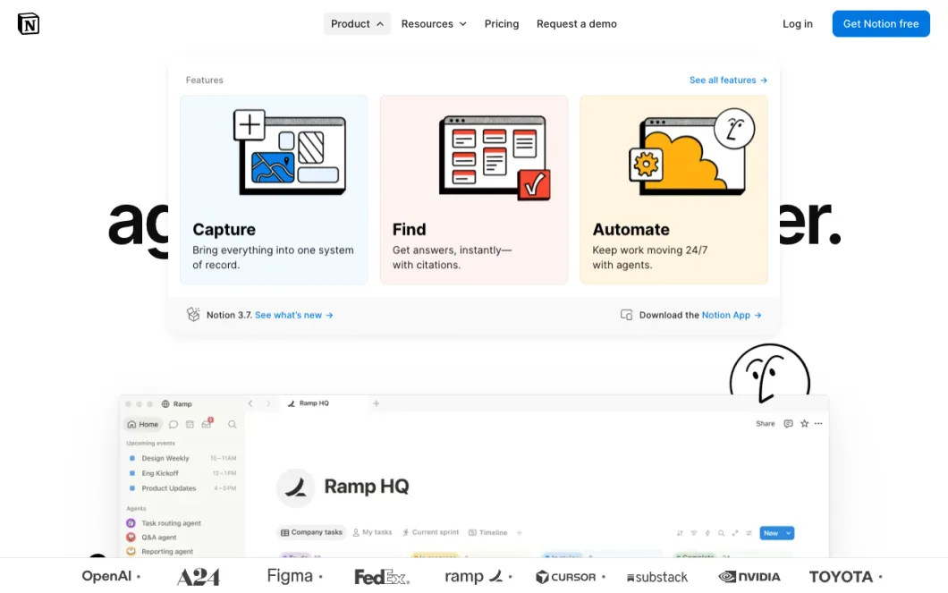 notion.com, real screenshot taken after a click on Product, with the menu open