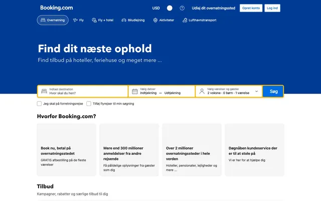 booking.com, real screenshot taken from Denmark, page in Danish