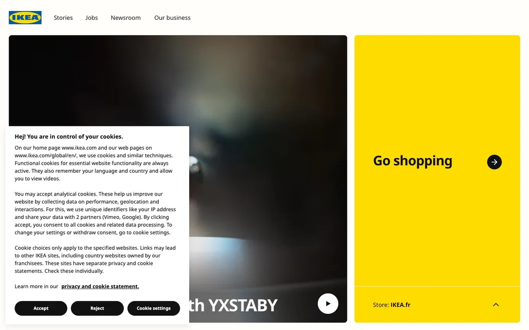ikea.com, real screenshot with its cookie banner